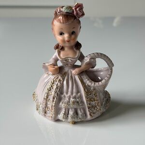 Ucagco Vintage Ceramic Spahgetti Trim Girl Figurine with Basket Planter